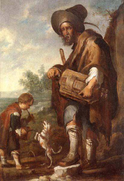 unknow artist A Blind man playing a hurdy-gurdy,together with a young boy playing the drums,with a dancing dog